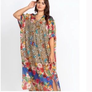 Johnny Was Pink and Blue Swim Coverup with V-Neck and Tassel